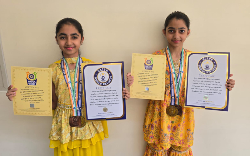 Mihika and Myra took part in the 48-hour Jnana Smriti Gita Chanting Marathon with 292 participants and received world record certificates.