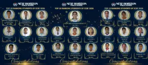 Students and teachers of New Horizon Public School celebrating outstanding ICSE Board Exam 2026 results — 100% pass rate, school topper scoring 496 out of 500